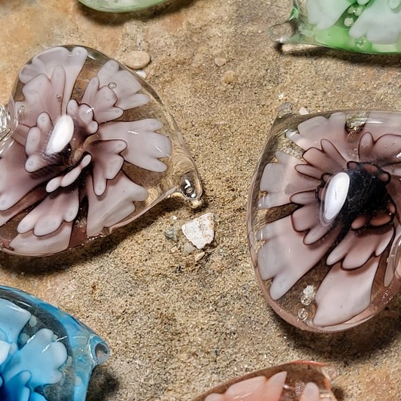 Handmade Murano Lampwork Glass Heart/Flower Pendant Necklace with Glow Flakes. - Picture 5 of 7